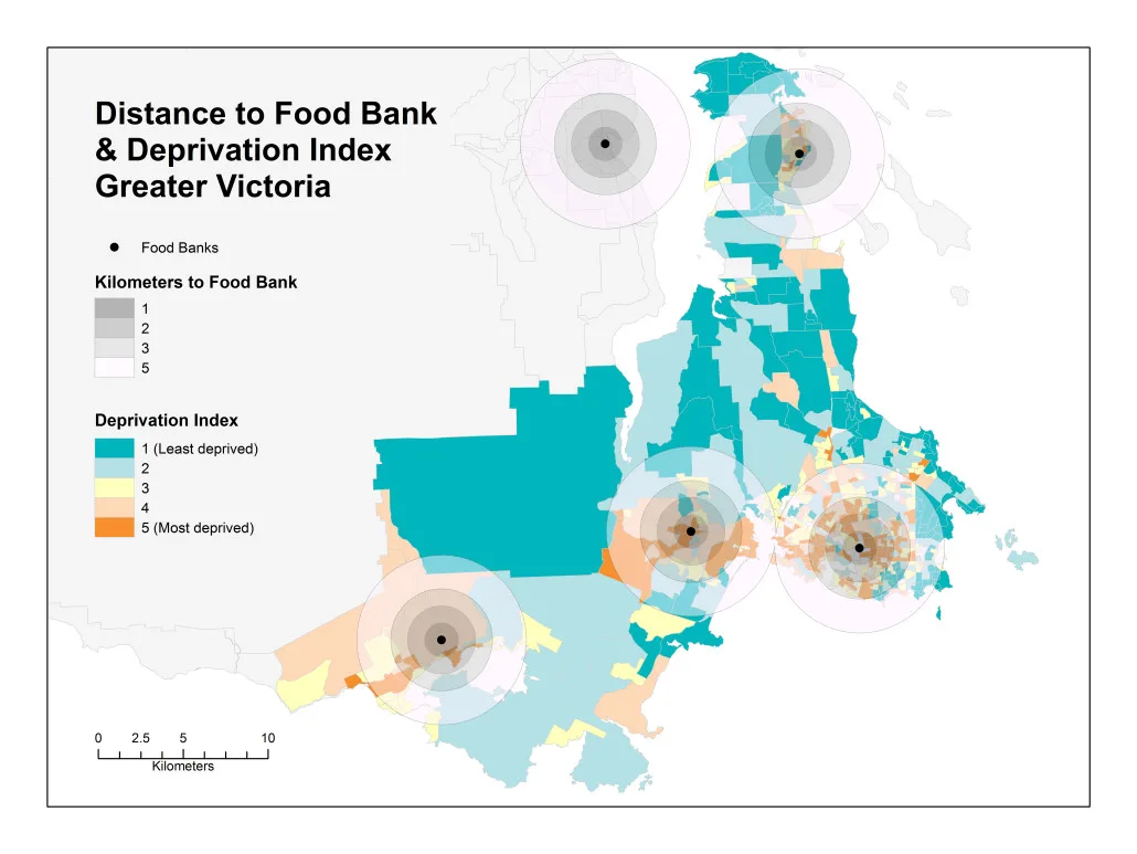 Distance to Food Bank & Deprivation Index: Greater Victoria